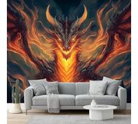 3D Papel Pintado Fantasía Para Pared - Mural Decorativo Impermeable Para Dormitorio Y Sala Dragón De Fuego De Color Rojo Anaranjado Con Alas De Lava- Papel Tapiz Fotomurales De Pared