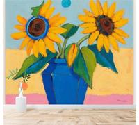 3D Papel Pintado Jarrón Azul Girasoles De Colores Abstracto Pintura Arte | Tejido de Seda con Textura Alta Gama Ideal Para el Salón Dormitorio Estudio la Oficina Comedor y Pared Trasera TV-430cm×300cm