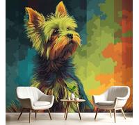 3D Papel Pintado Lindo Yorkshire Terrier Para Pared - Mural Decorativo Verde Militar Para Dormitorio Y Sala Grafiti De Animales - Póster Fotográfico Papel Tapiz Fotomurales De Pared 300X210Cm