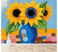 3D Papel Pintado Minimalista Pintado A Mano Jarrón Azul Girasoles Amarillos | Seda Texturizada de Premium Ideal Para el Estudio Comedor Salón Dormitorio Cocina Sofá TV y la Decoración Pared-300cm×210cm