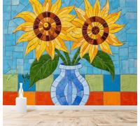 3D Papel Pintado Mosaico Colores Girasoles Jarrón Azul Abstracto Geométrico | Seda Texturizada de Premium Ideal Para el Estudio Comedor Salón Dormitorio Cocina Sofá TV y la Decoración Pared-430cm×300cm