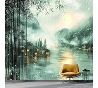 3D Papel Pintado Oriental Para Pared - Mural Decorativo Impermeable Para Dormitorio Y Sala Residencia Moonlight En Un Bosque De Bambú En Una Noche Lluviosa- Papel Tapiz Fotomurales De Pared