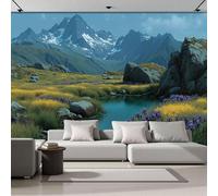 3D Papel Pintado Panorámico Montañas Nevadas Prados Parterres De Flores 250x175cm, Papel Pintado Panorámico Paisaje Alpino Fotomurales De Seda Decoración De Pared Para Cuarto De Niño, Salón, Verdor