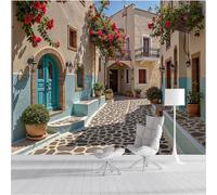 3D Papel Pintado Panorámico Santorini Calles Y Callejones 250x175cm, Papel Pintado Panorámico Estilo Mediterráneo Fotomurales De Seda Decoración De Pared Para Cuarto De Niño, Salón, Oficina, Beige