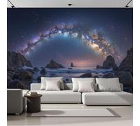 3D Papel Pintado Panorámico Vía Láctea Rocas Costa 300x210cm, Papel Pintado Panorámico Magnífico Paisaje Natural Fotomurales De Seda Decoración De Pared Para Cuarto De Niño, Salón, Azul Profundo