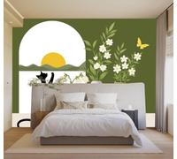 3D Papel Pintado Puesta De Sol Junto La Ventana Gato Negro Flores Mariposas | Cuadros Decorativos de Seda Gama Ideales Para el Estudio la Oficina Comedor Salón Dormitorio Pared Trasera del TV-150cm×105cm