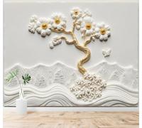 3D Papel Pintado Relieve Flores Blancas Árboles Dorados Abstracto Cumbres | Murales Creativos y Modernos Para la Del Hogar Estudio Salón Dormitorio Fondo el Sofá Decoración de Pared Lujo-200cm×140cm