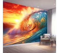 3D Papel Tapiz Naranja para habitación de niños, Viento Natural Olas Del Mar Puesta De Sol Pared Papel Pintado Dormitorio Decoración, 400 x 280 cm Fondo Lienzo para Sala sofá mural De Estar