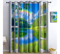 3D Patrón De Paisaje Fuera De La Ventana Cortinas de Regalo para Nueva Casa 280 x 300 cm Azul-Verde - Cortinas Opacas Elegantes y Prácticas, Set de 2 Paneles Ideal para Bodas, Cumpleaños o Mudanzas