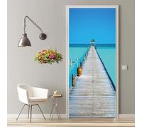 3D Puente De Madera Paisaje Vinilo para Puertas Autoadhesivo Impermeable Etiqueta de la Puerta Pegatina Mural Extraíble para Puertas Interiores para Cocina Sala de Baño 77X200 cm -MT2207