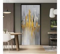 3D Puerta Interior de la pared, Arquitectura Urbana Abstracta Líneas Doradas Etiqueta engomada de la puerta del agua Casa Puerta Dormitorio Decoración, 95 x 215 cm Gris Pvc Desmontable Pegatinas