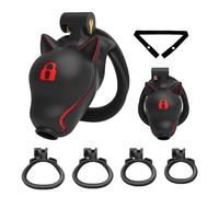3D resina cabeza de perro jaula de pene BDSM juguete sexual con 4 anillos de polla y 2 llaves, jaula de castidad fetiche conjunto para el pene bondage invertida jaula de castidad (Black,Style-Lock)