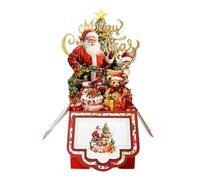 3D Retro Christmas Card - Four-Layer Pop-Up Greeting Card, Santa Claus Design, Reindeer, and Tree Scene | Red Paper Holiday Cards with Envelope for Party Invitations to Friends and Family