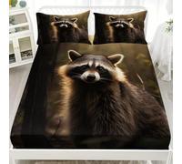 3D Sabana Bajera Ajustable 135x190 cm Bolsillo Profundo 30 cm De Color Claro Hipoalergénico Fácil de Cuidar Sábana Bajera Mapache, Animal del Bosque para Decoración Dormitorio Ropa de Cama