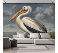 3D Seda Papel Pintado Panorámico Animales Salvajes, 300x210cm, Estampados De Árboles Del Lago Pelican Murales Tapiz Para Salón, Adulto Habitación De NiñosGris Azulado