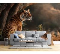 3D Seda Papel Pintado Panorámico Animales Salvajes, 400 × 280 Cm, Tigres Feroces Grandes Murales Tapiz Para Salón, Adulto Habitación De Niños, Estudio Decoración,Marrón