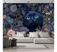3D Seda Papel Pintado Panorámico Arte Fantástico, 450x356cm, Estampados De Gato Negro Flor Cielo Estrellado Murales Tapiz Para Salón, Adulto Habitación De NiñosAzul Oscuro