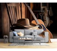 3D Seda Papel Pintado Panorámico Escena Música Country Retro, 200 × 140 Cm, Guitarra Acústica Silla Madera Grandes Murales Tapiz Para Salón, Adulto Habitación De Niños, Estudio Decoración,Marrón