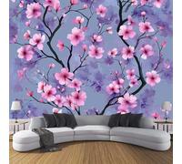 3D Seda Papel Pintado Panorámico Estilo Ukiyo-E, 400 × 280 Cm, Flores De Cerezo En Acuarela Grandes Murales Tapiz Para Salón, Adulto Habitación De Niños, Estudio Decoración,Cuarzo Rosa Púrpura