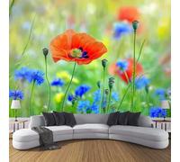 3D Seda Papel Pintado Panorámico Jardín De Primavera, 300 × 210 Cm, Amapolas De Campo Grandes Murales Tapiz Para Salón, Adulto Habitación De Niños, Estudio Decoración,Verde Esmeralda