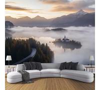 3D Seda Papel Pintado Panorámico Paisaje Del Lago Bled, 150 × 105 Cm, Bosque Y Montañas Grandes Murales Tapiz Para Salón, Adulto Habitación De Niños, Estudio Decoración,Amarillo Claro
