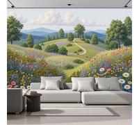 3D Seda Papel Pintado Panorámico Paisaje Pastoral, 200x140cm, Estampados De Flores Silvestres A Lo Largo Del Camino Murales Tapiz Para Salón, Adulto Habitación De NiñosVerde