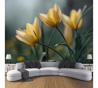 3D Seda Papel pintado Panorámico Plantas De Pintura Al Óleo,350×256cm Tulipanes Amarillos Grandes Murales Tapiz para Salón, Adulto Habitación de Niños, Estudio Decoración,Amarillo Verde