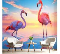 3D Seda Papel Pintado Panorámico Vista Del Atardecer, 350 × 256 Cm（Anchura × Altura, Flamenco Rosado Grandes Murales Tapiz Para Salón, Adulto Habitación De Niños, Estudio Decoración,Color Naranja
