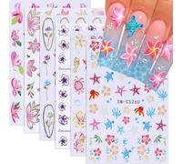 3d Selbstklebende Nagelaufkleber Mit Seepferdchen Und Hibiskus-Designs, Tropische Blumen-Dekore, Sommer-Maniküre-Accessoires Für Frauen Und Mädchen, 6 Blätter