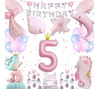 3D Sirenaa Serie Rosa Deco, 5 Años Niñas Cumpleaños Decoración Kit | Sirenaa Mundo Submarino, Happy Birthday Bandera, Decoración Pastel, Globos Aluminio (Kit Fiesta Infantil 5 Años)