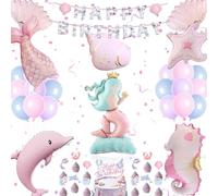 3D Sirenaa Serie Rosa Deco, Niñas Cumpleaños Decoración Kit | Sirenaa Mundo Submarino, Happy Birthday Bandera, Decoración Pastel, Globos Aluminio (Kit Fiesta Infantil)