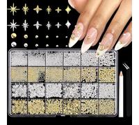 3D Stern Nagel Anhänger, Gold & Silber Multi-Formen Metall Nagelkunst Steine Kleine Runde Caviar Perlen Schmuck Nagel Strass Zubehör Zangen Wachs Stifte DIY Maniküre Dekorationen