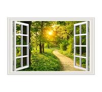 3D Sunset Forest Fake Window Wall Stickers Vinilos de Pared de Paisaje Natural Cartel de Ventana Falsa Mural de Pared de árboles Verdes extraíbles para Sala de Estar, Dormitorio, Oficina,90x60cm