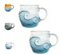 3D Taza Cafe - Tazas Desayuno - Vasos De Cristal Agua, Taza De Cristal Marino De 350 Ml Con Diseño De Puesta De Sol Y Olas, Taza De Café Artesanal De Cristal Con Diseño De Olas Del Océano(2PCS,A)