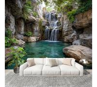 3D Telas No Tejidas Murales 300x210cm Bosque MontañAs Y RíOs Cascada Papel pintado Murales Azul Verdoso para Sala de Estar Hotel Oficina Hogar Decoración de Paredes