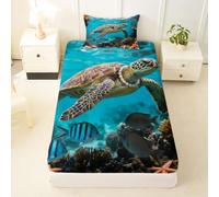 3D Tortuga chapa empotrada tamaño S bonito pescado estrella de mar perla coral edredón, 1 funda de almohada rústico Sea Animals Ropa de cama Set para niños