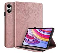 3D Tree Embossed Stand Case Suitable For Xiaomi Poco Pad 12.1inch 2024 PU Leather Front Support Shockproof Tablet Cover(Rose Gold)