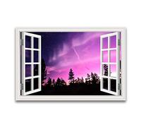 3D Ventana Falsa Paisaje Cuadro sobre Lienzo Pintura-Bosque Moderno Púrpura Aurora Boreal Islandia Panorámica Impresiones de Lienzo-Cuadros en lienzo para decor50x75cm(20x30in)sin marco