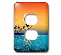 3dRose A Tranquil Island Scene Against A Sunset with Palm Trees and Sparkly Blue Water 2 Tapas de Enchufe, Multicolor