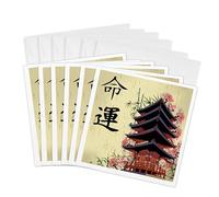 3dRose gc_116193_1 - Tarjeta de felicitación de 15,2 x 15,2 cm, diseño japonés con texto "Beautiful Japanese Pagoda with Pink Sakura and Bamboo Destiny Luck Kanji Symbols Asian Design"