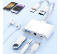3in2 Adaptador Lightning + USB C a Jack 3,5mm, Type C Auriculares HiFi Audio Adapters Carga 60W + puerto USB + Divisor de Audio Auxiliar de 3,5 mm para i Phone 16/15/14/13/12/11,Samsung S25 S24,Blanco