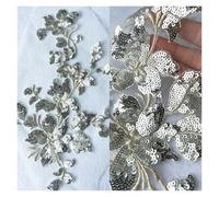 3pc 28 * 15cm 7 Colors Sequins Beads Lace Flowers Decals Appliques Trims Mesh Sew On Patch Embroidery For Wedding Gown Decor DIY(Silver)