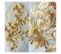 3pc 28 * 15cm 7 Colors Sequins Beads Lace Flowers Decals Appliques Trims Mesh Sew On Patch Embroidery For Wedding Gown Decor DIY(Gold)