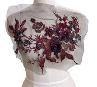3pc 3D Embroidered Sewing On Patches For Clothing Flower Lace Patch Wedding Party Gown Bridal Dress Fabric Appliques DIY Repair(Wine)