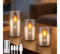 3PC Velas LED Recargable con Sensores de Movimiento, Vidrio Velas Sin Llama con Temporizador de Mando a Distancia, Velas Electricas de cera de verdad Decorativas de pilas para Bodas, Navidad(Gris)