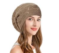 3pc Women Hollow Out Knitted Beret Hat Spring Autumn Elastic Crochet Beanies For Lady Casual Solid Color Painter Artist Caps(Khaki)