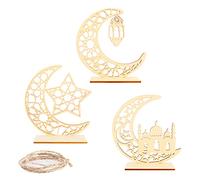 3PCS Adornos de Madera de Ramadán Kareem, Eid Mubarak Decoración de Mesa de Madera, Colgante de Luz de Viento de Estrella de Luna para Islámico Musulmán, Decoraciones de Luz Nocturna