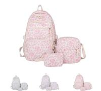 3Pcs Backpack Bags Set with Cute Floral Quilted Backpack Bags Medium Messenger Bag and Small Storage Bag for Women Trave (Pink)