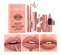 3Pcs Barra de labios mate + Barra de labios líquida mate + Set de Perfilador de Labios, Pigmento aterciopelado Set de regalo de maquillaje de larga duración resistente al agua (#02, Paquete de 1)