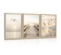 3Pcs Beige Costa Paisaje Cuadros Decoracion Modernos Con Marco, Puesta de sol Mar Paisaje Cuadros y Láminas Estética Cañas Puente Gaviotas Pintura Lienzos Decorativos Para Salon Dormitorios 30X40cmX3